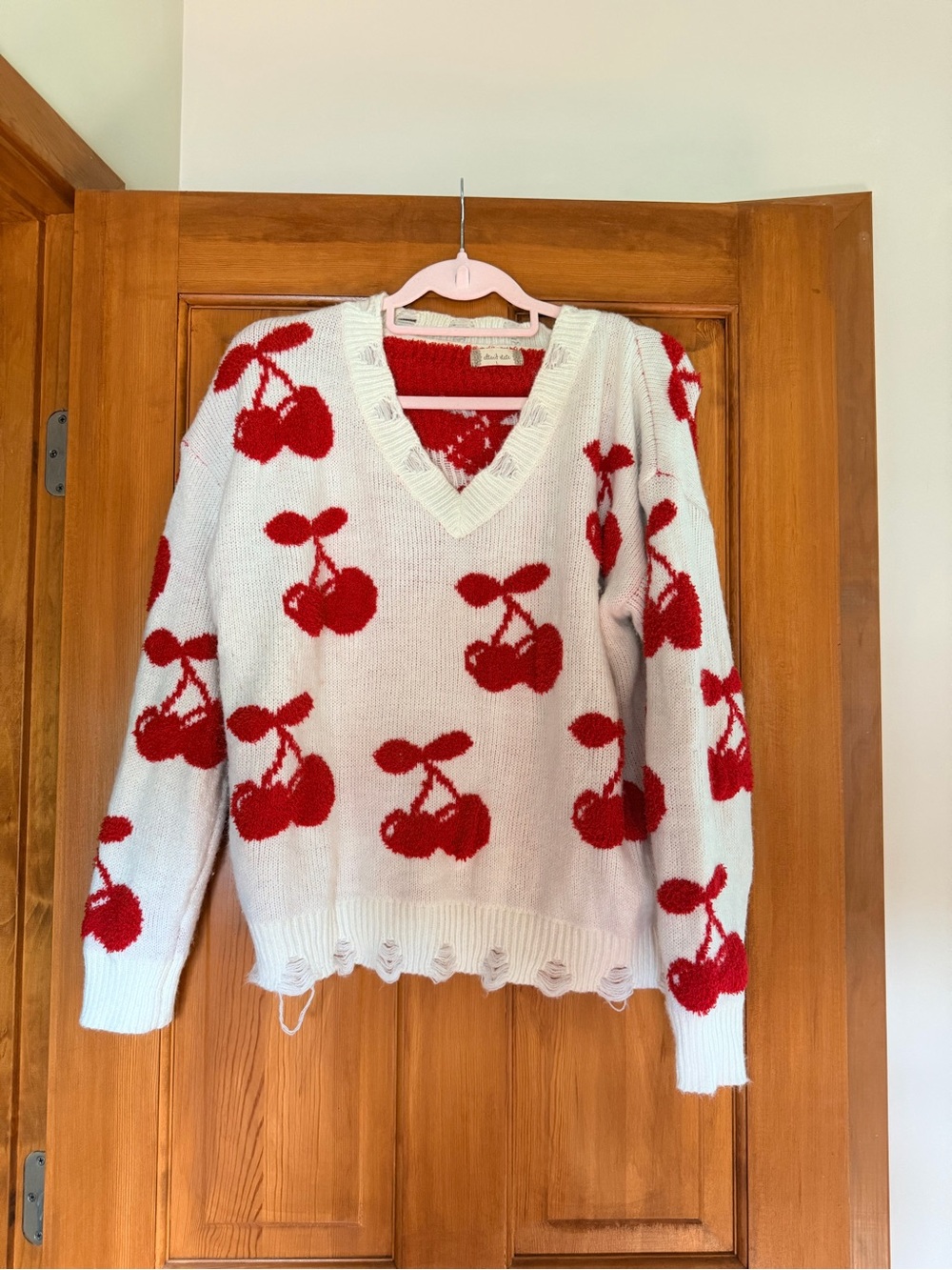 Altar'd State White V-Neck Sweater with Red Cherry Motif